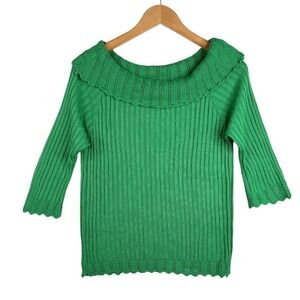 Steven Edwards Green Ribbed Portrait Collar Pointelle Sweater Size M Made in USA